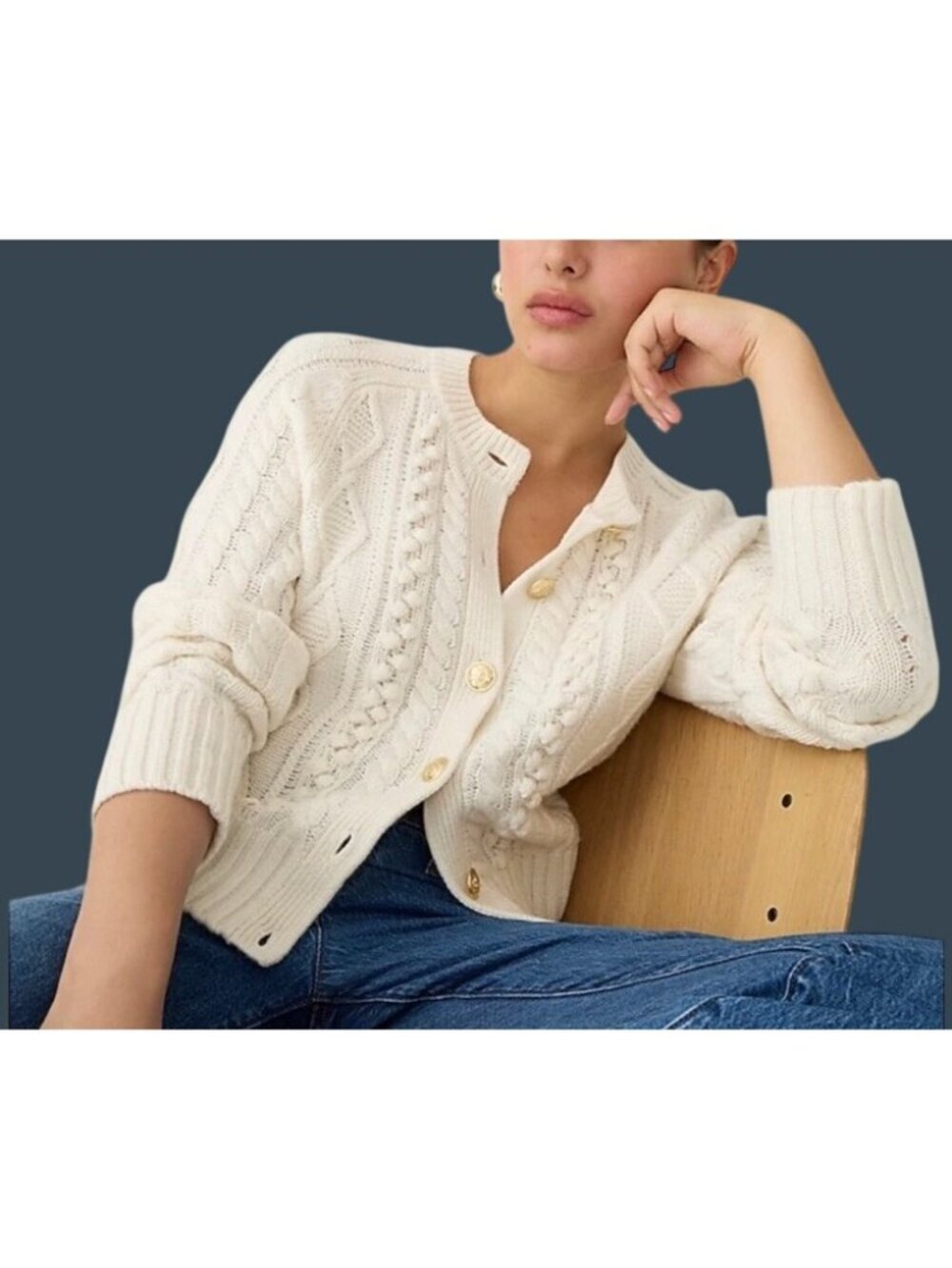 J.Crew Womens Cable Knit Cardigan Sweater Ivory Button-Up Medium preppy basic